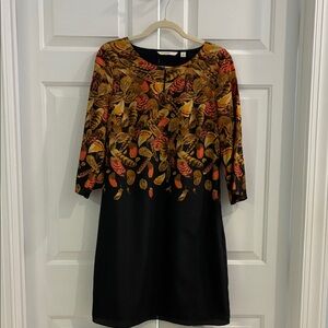 Isaac Mizrahi Black Dress with Gold and Orange Leaf Design
